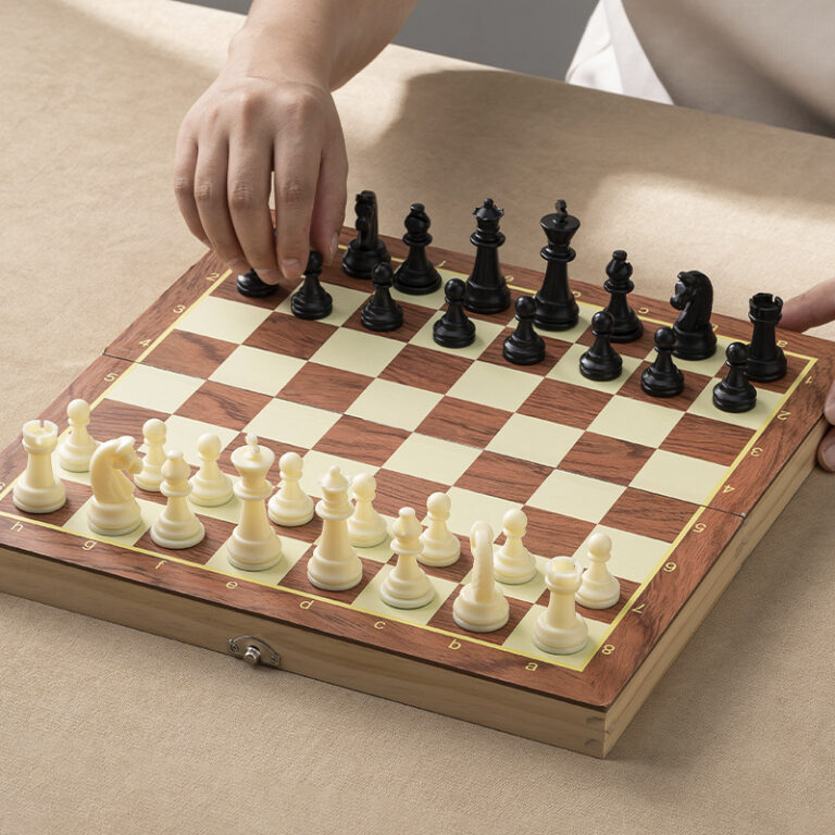 Regal custom wooden chess printing from ABPro Print, depicting ornate knights and bishops for captivating cerebral challenges