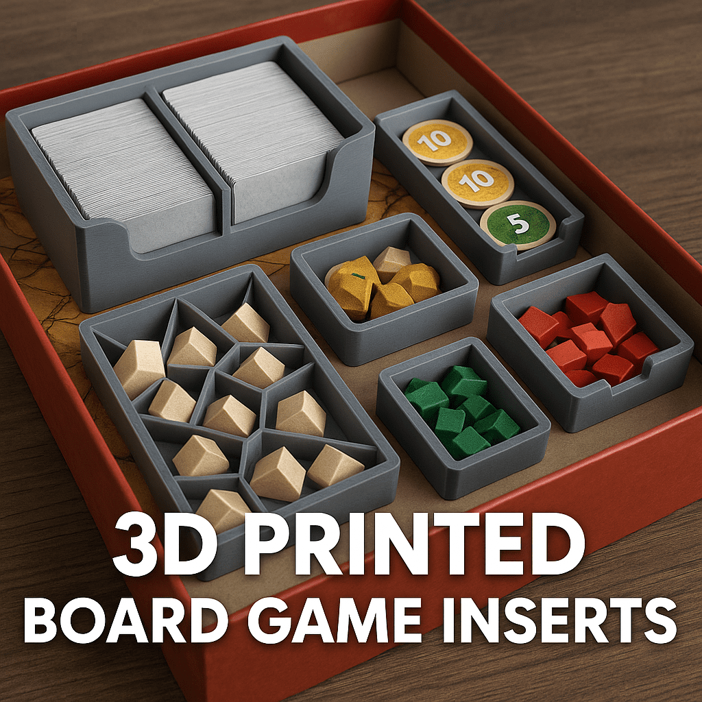 3D printed board game insert for organizing game components, custom-designed for game developers and designers, showcasing precision and durability.