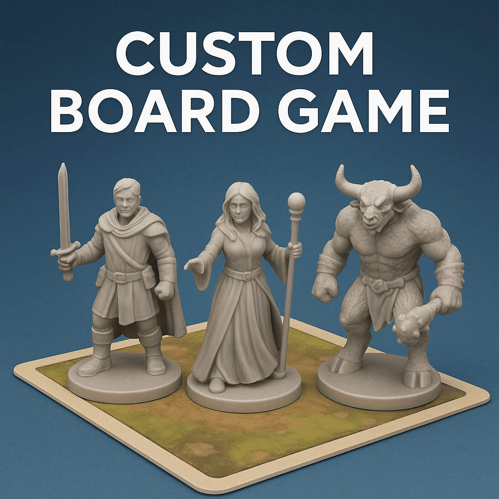 Vibrant 3D printed board game miniatures crafted by ABP Print for game developers and designers.