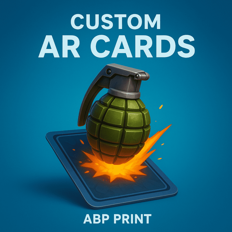 Vibrant custom AR card printing services for game developers with geometric patterns