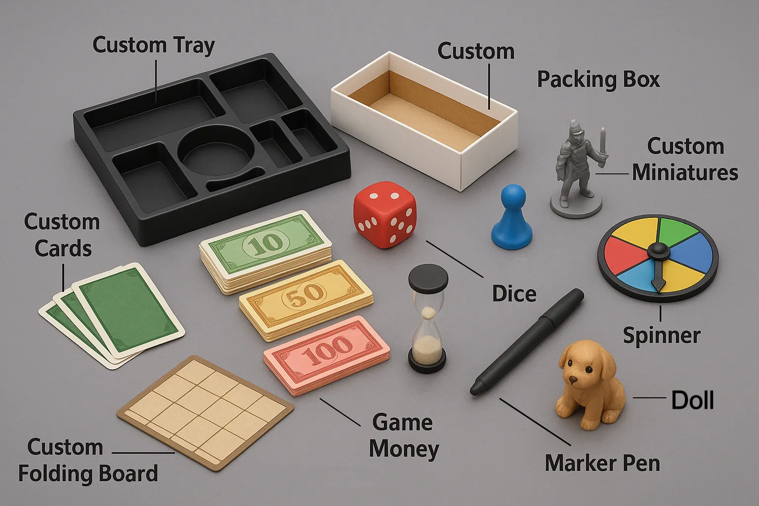Custom board game printing set with folding board, custom tray, cards, money, dice, miniatures, spinner, sand timer, marker pen, doll, and packaging box