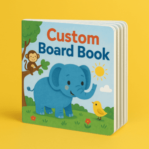 Durable custom board book printing for authors and illustrators featuring interactive pages for young readers