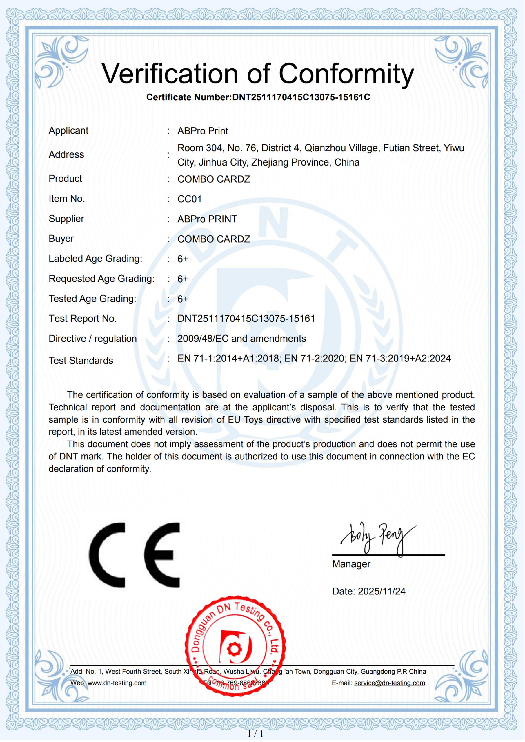 CE from ABPro Print certificate ensuring safe and compliant custom card game printing for game developers, designers, publishers, wholesalers and retailers
