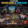 Custom board game making kit with premium game boards, playing cards, dice, tokens, and packaging for game developers and tabletop publishers