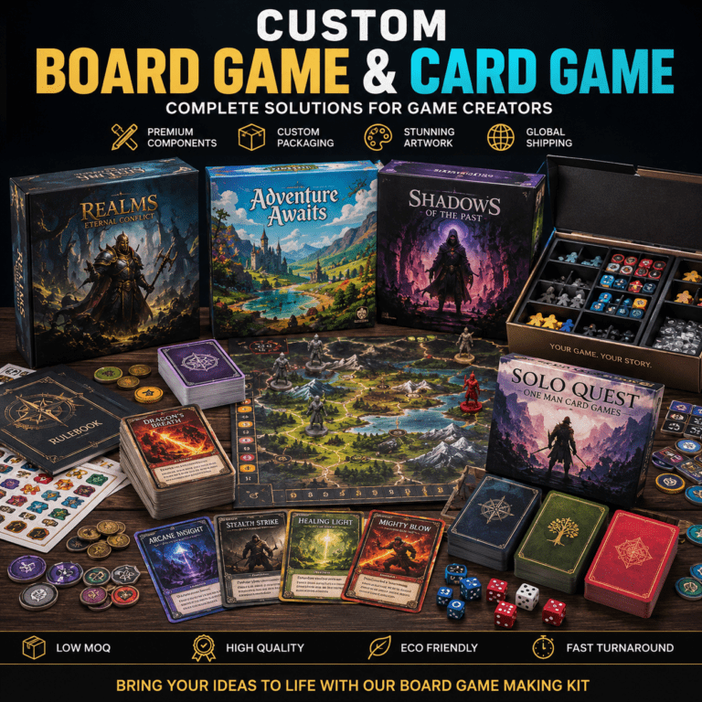 Custom board game making kit with premium game boards, playing cards, dice, tokens, and packaging for game developers and tabletop publishers