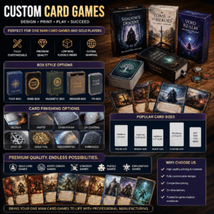 Custom one man card games with premium card finishes, multiple box styles, and custom deck sizes for tabletop game creators