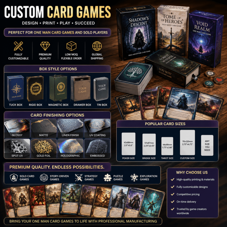 Custom one man card games with premium card finishes, multiple box styles, and custom deck sizes for tabletop game creators