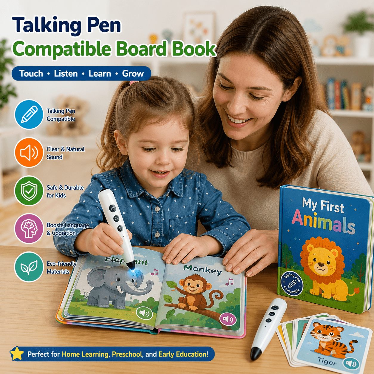 Fun hiding sound book with responsive flat touch buttons