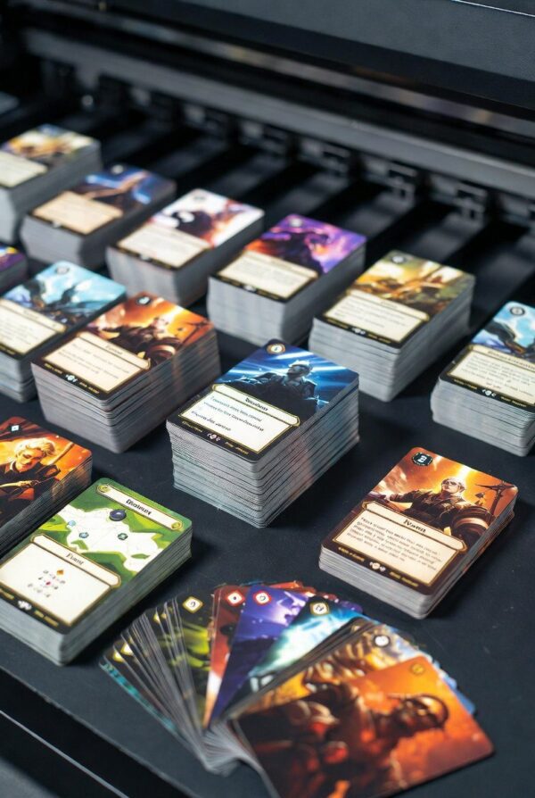 Vibrant custom strategy cards printed with board game card printer showcasing fantasy artwork, mission cards and resource decks