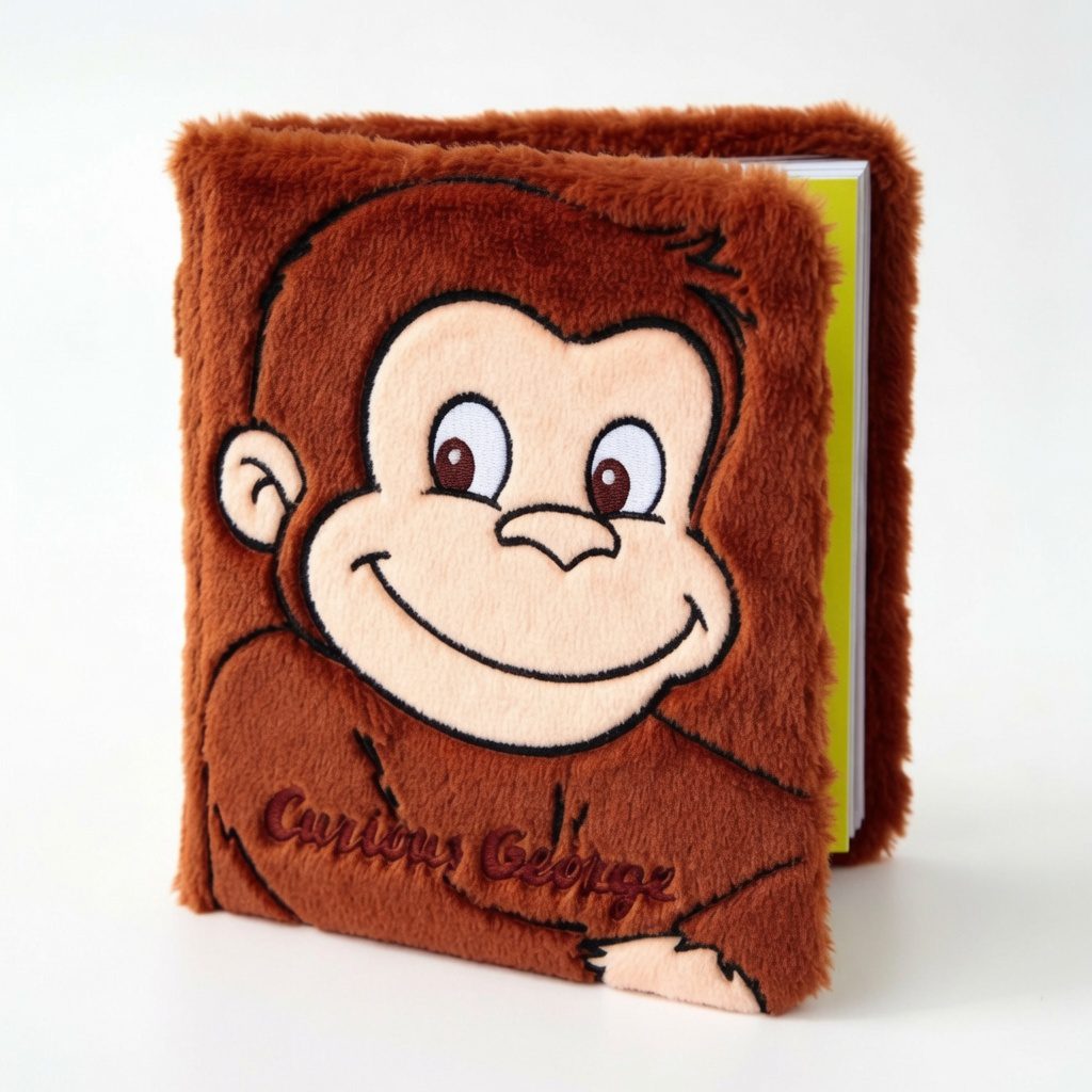 Soft plush cover of custom Curious George The Movie Touch and Feel Book with embroidered details and premium feel