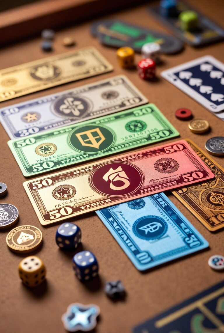 Custom board game money including paper currency, metal coins, chips and card money for board game publishers and designers