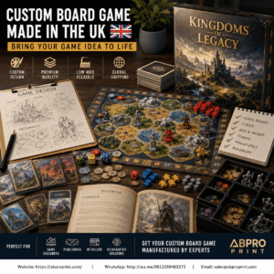 Custom board game UK manufacturing with premium game board, custom cards, tokens, dice, miniatures and branded packaging for game developers and publishers