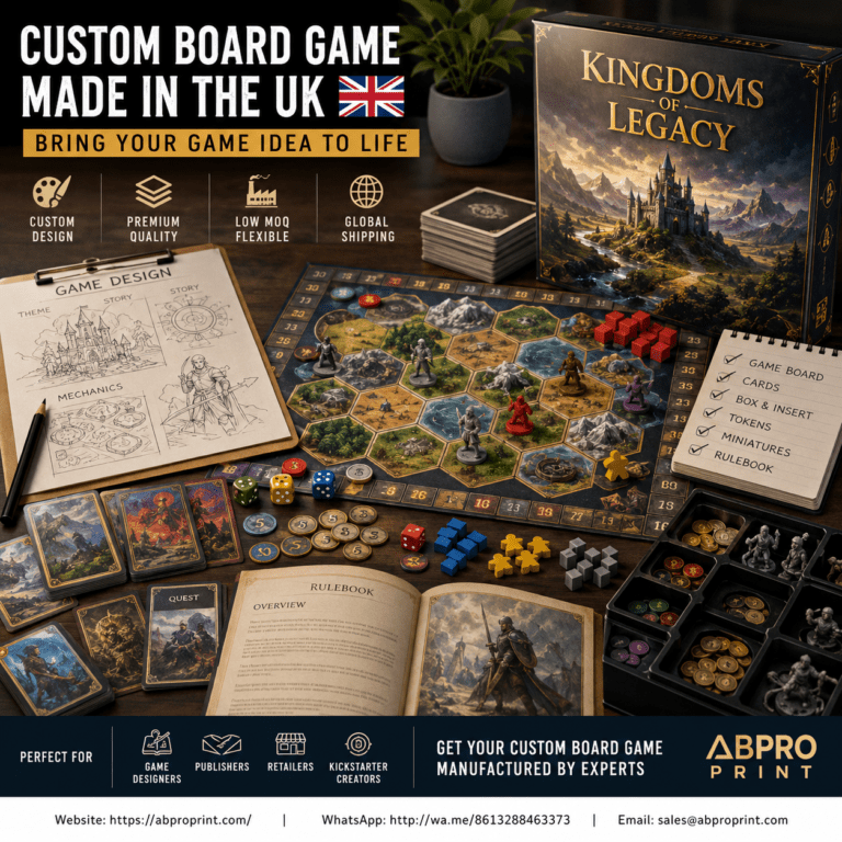 Custom board game UK manufacturing with premium game board, custom cards, tokens, dice, miniatures and branded packaging for game developers and publishers