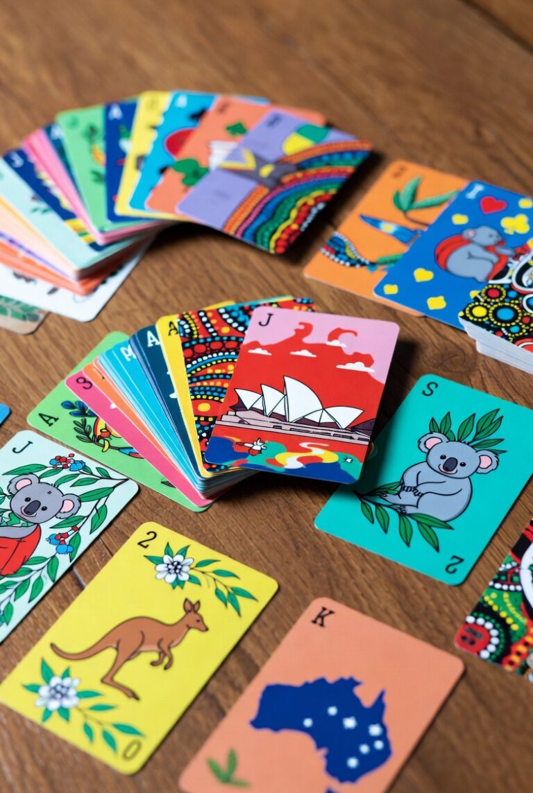 Vibrant custom game cards Australia showcasing kangaroos, koalas, Sydney Opera House and native patterns perfect for board game designers and wholesalers