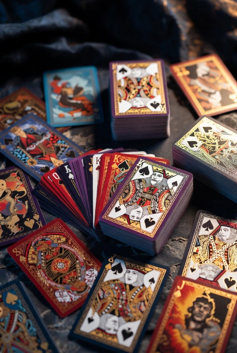 Intricate custom playing card art with detailed fantasy illustrations and premium foil accents designed for custom board games and collector decks