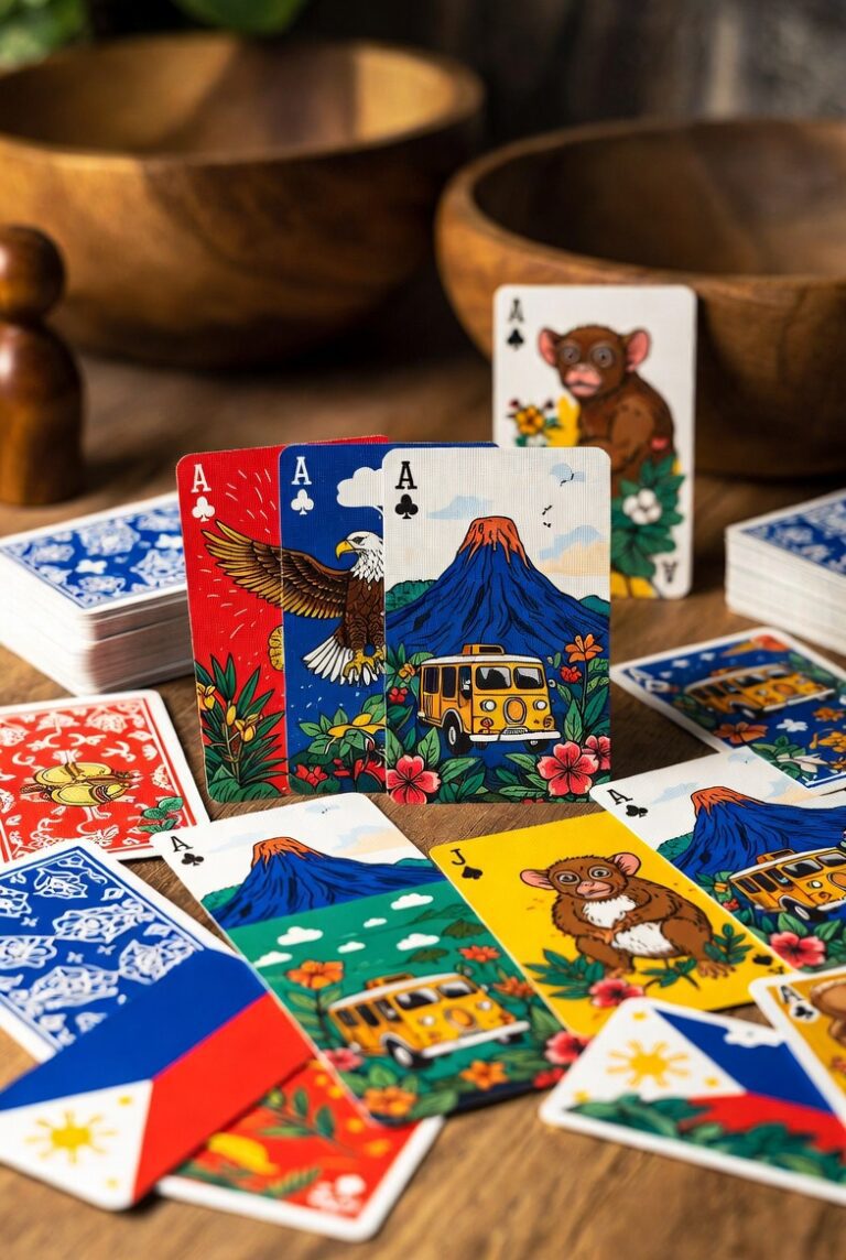 Colorful custom playing cards Philippines featuring Philippine eagle, tarsier, jeepney and tropical motifs ideal for board game designers and wholesale suppliers