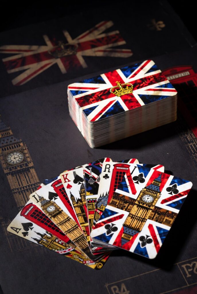 Premium custom playing cards printing UK with British landmarks, Union Jack designs and luxury foil details suited for professional game production