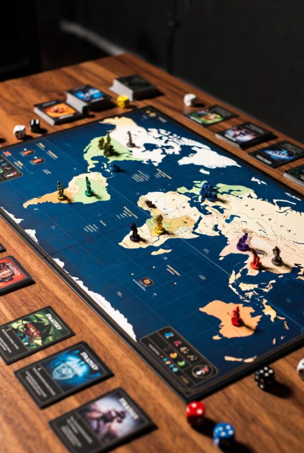 Epic custom Risk board game featuring a detailed world conquest map with customizable army units and strategic components for professional game production