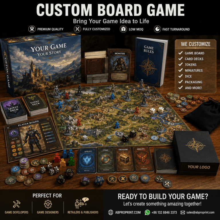Personalised board game UK production with custom cards, branded board, tokens and packaging for tabletop game publishers
