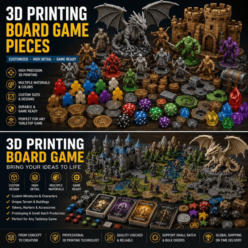 3d printing board game prototype with custom game board, miniatures, terrain, cards, dice and modular game components