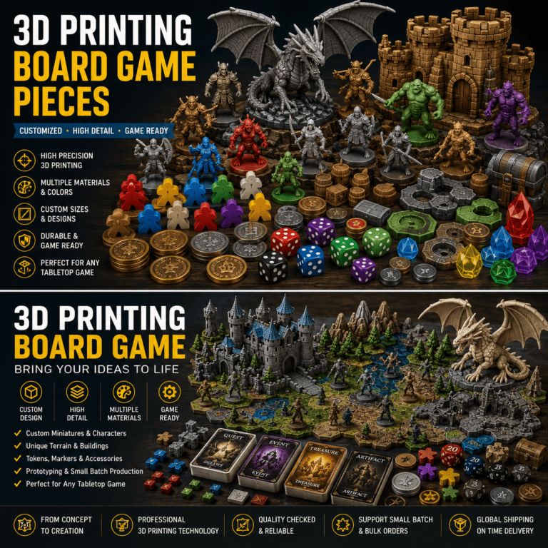 3d printing board game prototype with custom game board, miniatures, terrain, cards, dice and modular game components
