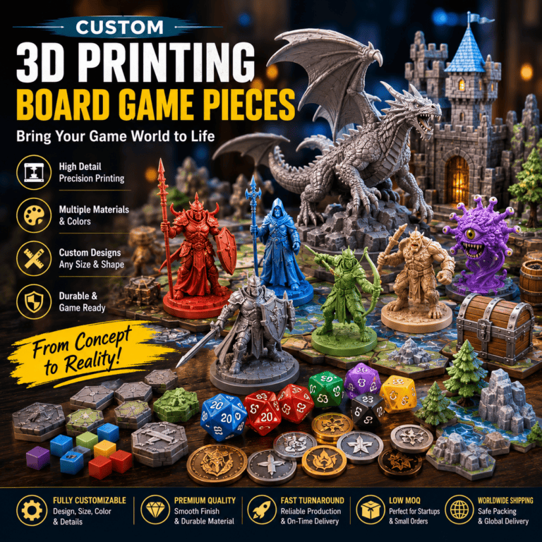 3d printing board game pieces including custom miniatures, meeples, dice, terrain, tokens, coins and accessories for board game developers and publishers