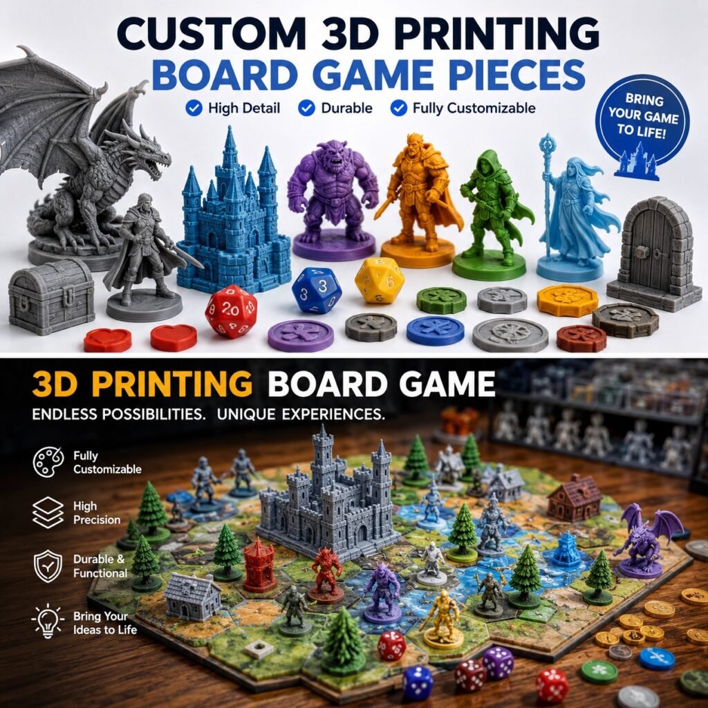 3d printing for board games featuring custom miniatures, game tokens, dice, terrain, meeples and prototype components for tabletop game production
