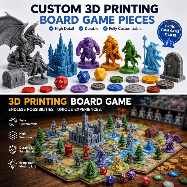 3d printing for board games featuring custom miniatures, game tokens, dice, terrain, meeples and prototype components for tabletop game production