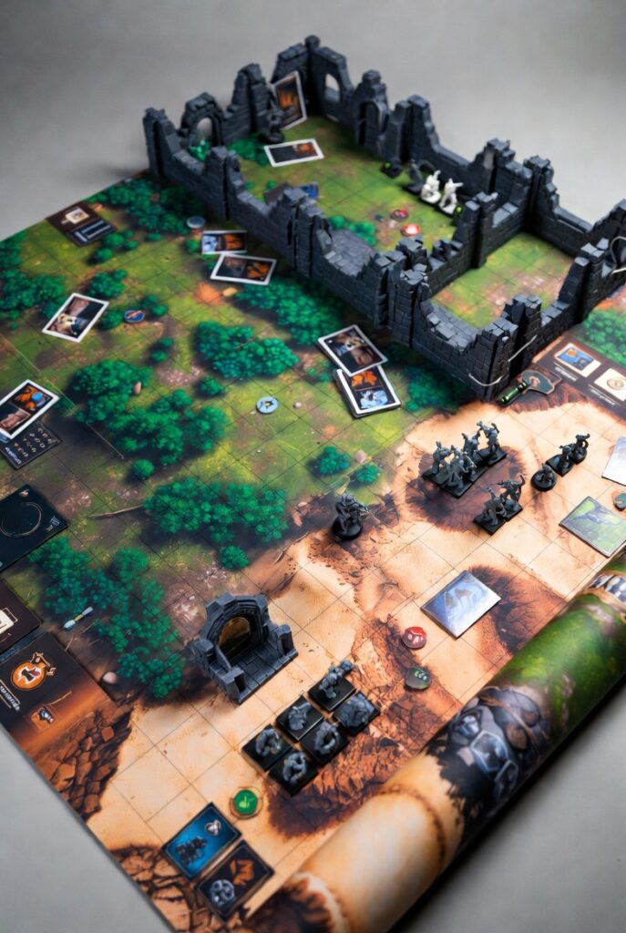 Tactical custom game mats with battlefield terrain zones and grid layout perfect for strategy miniatures and card games