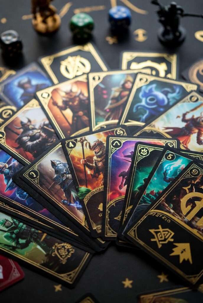 Detailed custom heroes card game featuring fantasy character illustrations printed with professional board game card printer quality