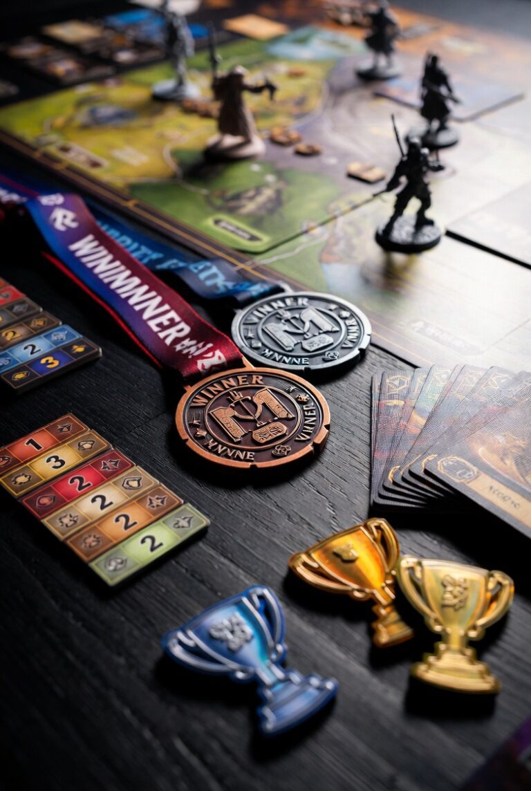 Exciting board game winners moment with victory tokens and custom components on an adventure strategy game board