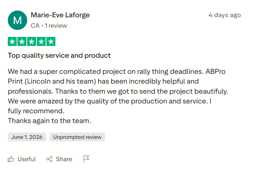 Customer testimonial for custom board game printing highlighting quality, communication, and on-time delivery